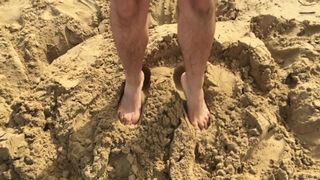 MANLYFOOT - Slow motion smashing and stomping on sand castle on the beach with large male feet