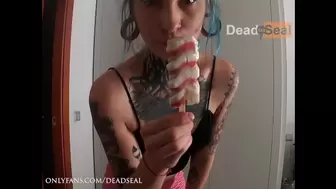blowing and spreading ice cream on my body