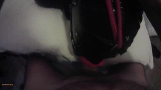 Milf hogtied in latex and high heels with a lip open mouth gag POINT OF VIEW. Great mouth fucking action