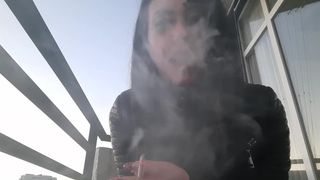 Smoking bizarre from charming Dominatrix Nika. Gorgeous woman licks cigarette smoke in your face