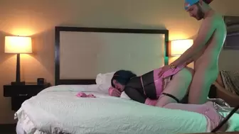 trans slut rammed doggy style while wearing pink latex and chastity cage