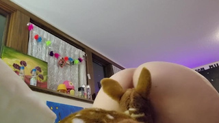alluring pudgy babygirl letting her plush toy deer soak in her attractive scents and wetness
