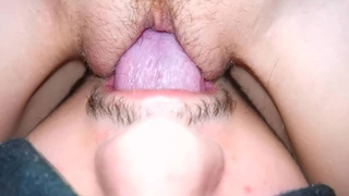 The ex-wife moans from cunnilingus, close-up, sitting on her face with a wet cunt.
