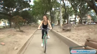 Busty fit teeny skank cycles around town