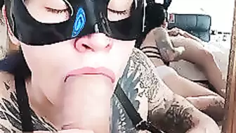 Horny Wife Sloppy Sucking Big Cock at the Mirror