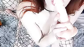 Cute teen in fishnets fucks with a dildo - Part 2 - amateur orgasm