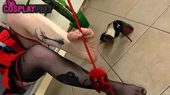 Hot barefoot devil in stockings uses her feet to tease you
