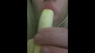 Charming Blonde with Large Juicy Lips Seductively Eats and Licks Banana (Then two go In)