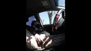 Blue Haired MILF in Ripped Fishnets Car Mastrubates in Busy Parking Lot with Hairbrush and Climax